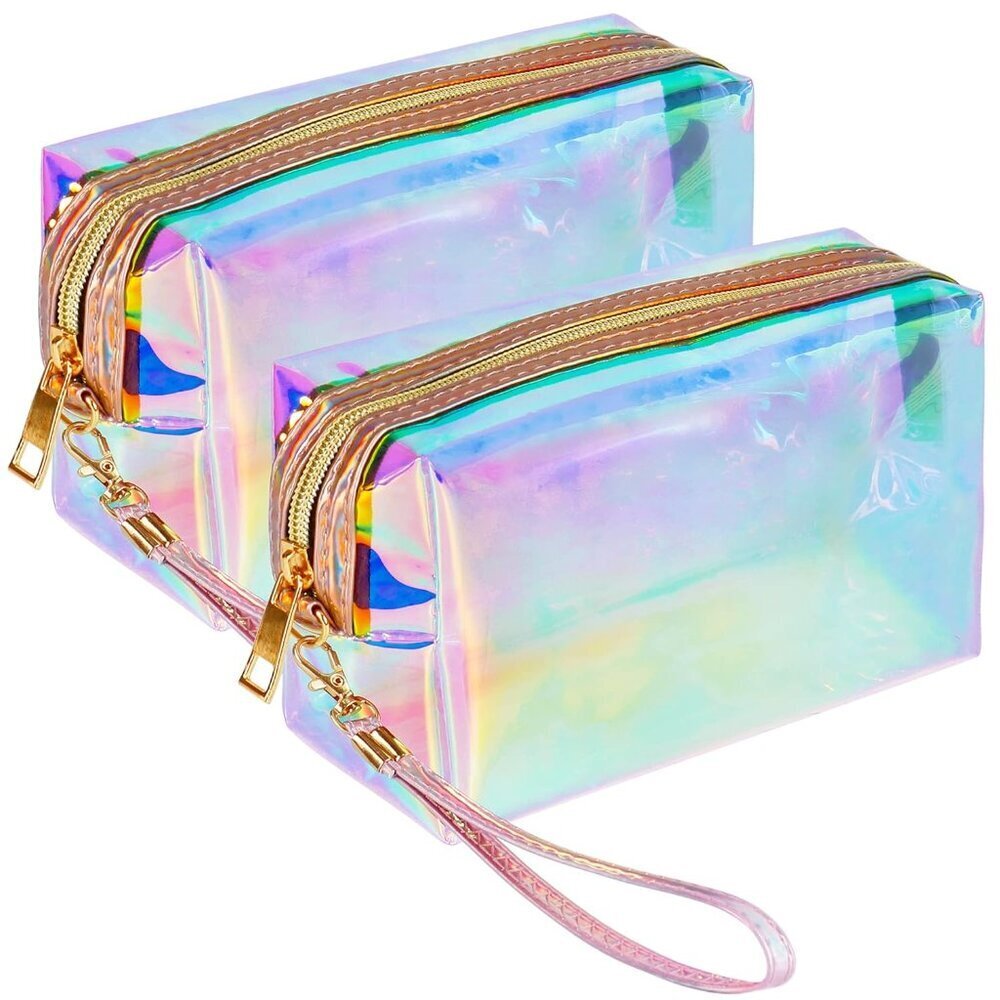 Clear Iridescent Holographic Makeup Bag, 2pcs Travel Cosmetic Pouches with Zippe
